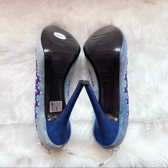 New! Rare GIANMARCO LORENZI Rhinestone Bead Embellished Embroidered Denim Heels - Picture 10 of 12